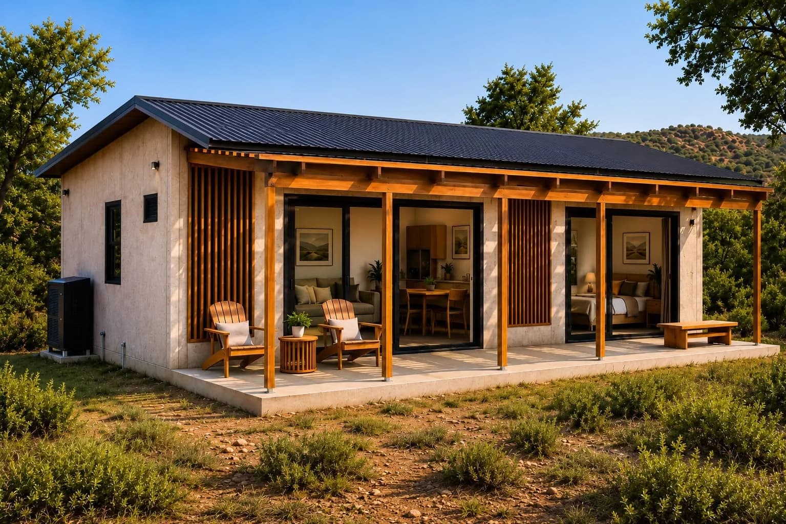 ARTERRA precast modular eco chalet with timber pergola in the bushveld