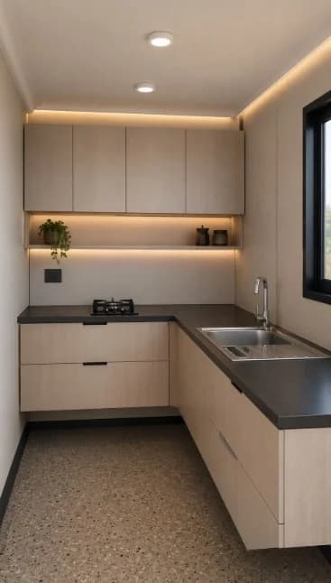 Fitted kitchenette with under-cabinet lighting