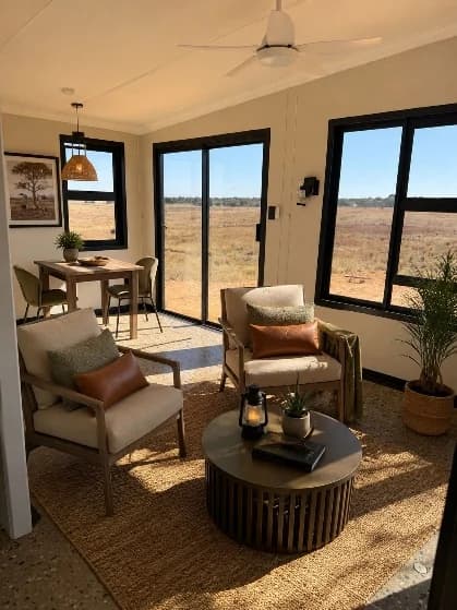 Living area with full-height aluminium windows