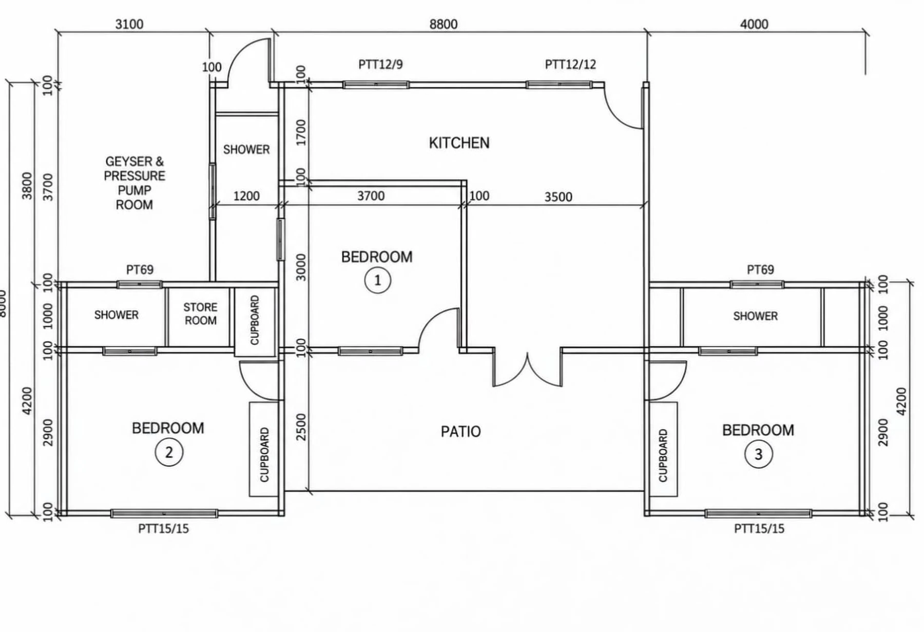 Three Bedroom Chalet floor plan with dimensions